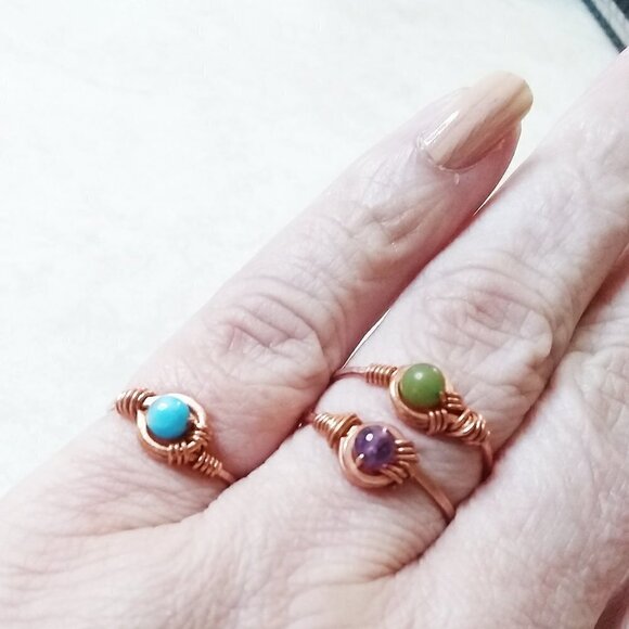 Green Jasper Gemstone Ring + Durable Copper! Sz 9! Slim Dainty Minimalist! - Picture 5 of 7